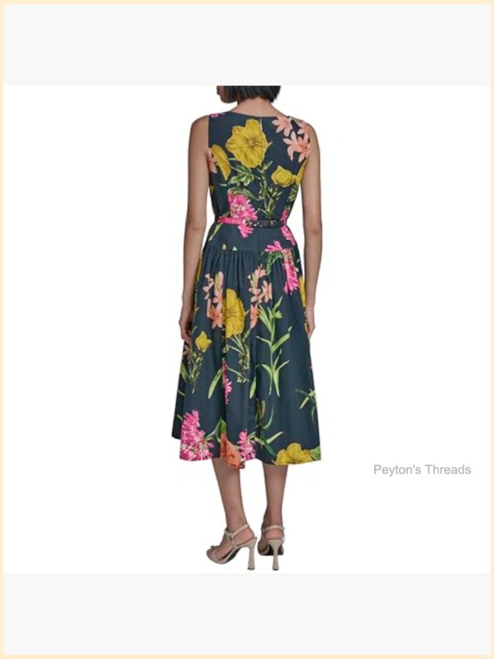 Sleeveless Boat Neck Drop Waist Belted Midi Dress with Floral Pattern - Picture 3 of 5